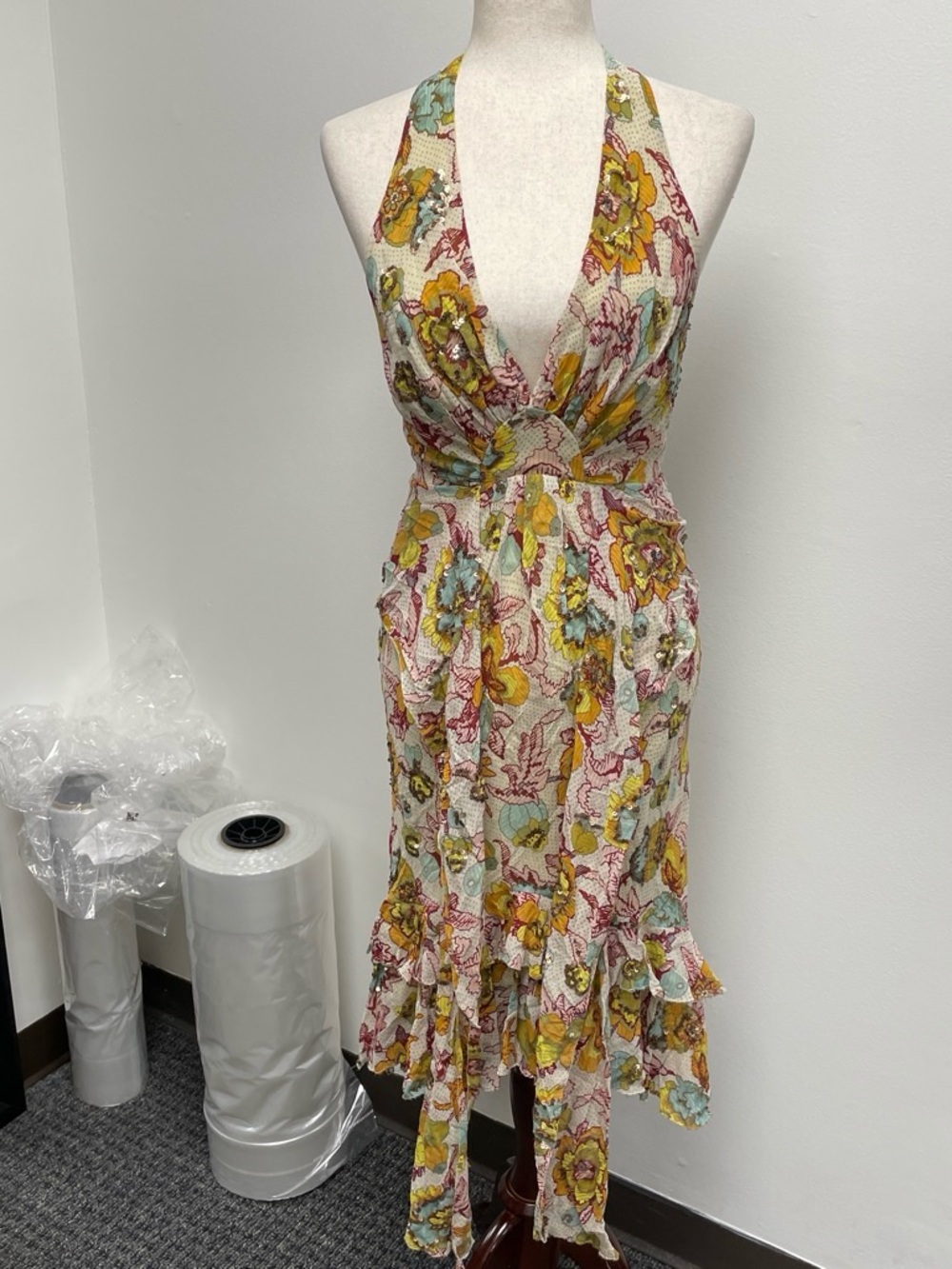 Vintage 100% Silk Beaded Y2K Halter Dress